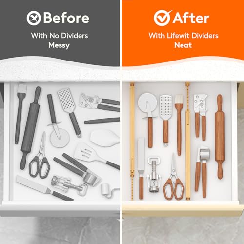 Lifewit 2.36" Kitchen Drawer Dividers, Adjustable Bamboo Drawer Organizers | 5 Pack 14.2"-22" Expandable Drawer Separator for Clothes, Utensils, Dresser, Cabinet, Closet, Nursery Organization & Storage