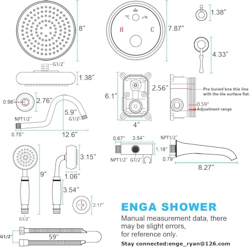 Enga Brushed Gold Antique Brass Tub Shower Faucet Fixture Shower System, 8inch Wall Mount Rain Shower with Spout and Hand Spray - color: Brushed Gold, style: 8" Head + Tub