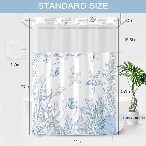 No Hook Shower Curtain and Liner Set, Blue Beach Coastal 71x77 | Nautical Ocean for Bathroom, with Snap in Liner Replacement, Mesh Top Window, Waterproof, Machine Washable, Quick-Drying - color: Blue, size: 71"W x 77"L (Pack of 1)