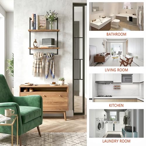 Wall Mounted Towel Rack for Bathroom Rustic Brown | Bath Storage Holder, 3-Tier 15.7" Wide, Steel Wood Towel Shelf with Bar - color: Rustic Brown