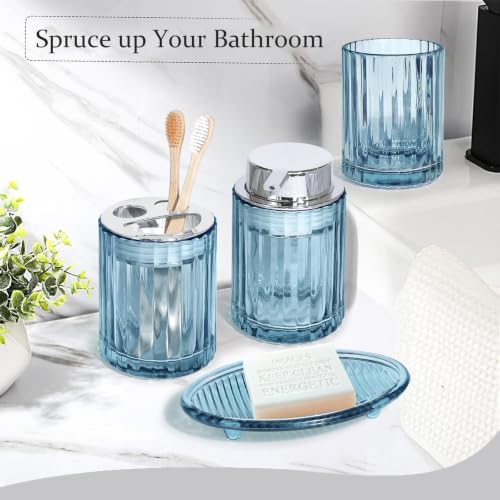 CERBIOR Bathroom Accessories Set, 4 PCS Glass Bathroom Set,Silver Blue | Includes Soap Dispenser, Toothbrush Holder, Toothbrush Cup, Soap Dish for Decorative Countertop and Housewarming Gift - style: Silver Blue