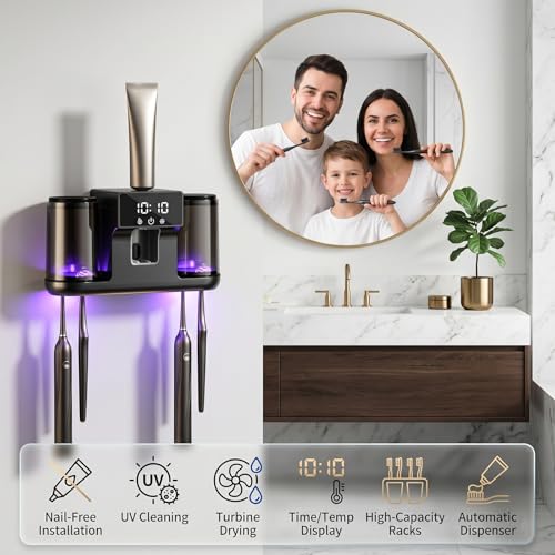 Smart Toothbrush Holder with Automatic Toothpaste Dispenser, Rechargeable Toothbrush Storage Rack with Toothbrush Holder and Mouthwash Cup, Digital Display, Designed for Home Bathrooms (Black) - color: Black