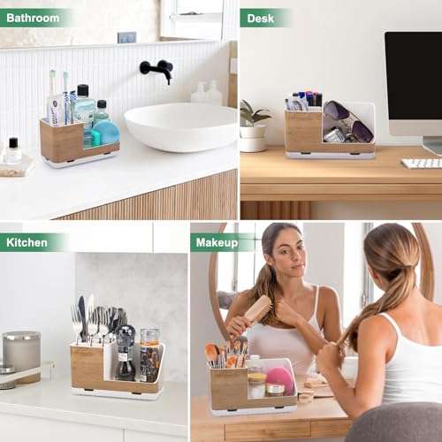 Toothbrush Holders for Bathrooms Countertop Organizer (Wood Grain) | Easy To Clean, Drainage, Non-Slip, Detachable, Kids Electric Toothbrush and Toothpaste Holder - color: Wood Grain