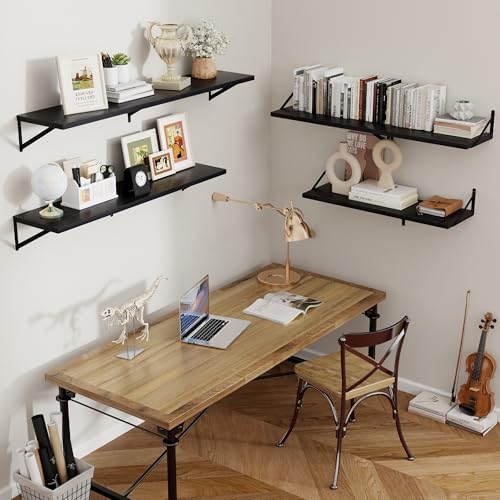 Deep Floating Shelves Black- 24 Inch Wide x 12 Inch Deep Wall Shelves Set of 2 - Black Wood Wall Shelves for Living Room Bedroom Laundry Room - color: Black, size: 24W x 12D