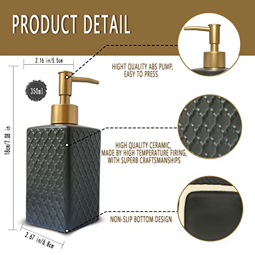 Gold Soap Dispenser for Bathroom,Retro Black Square Lotion Dispenser, Refillable Countertop Ceramic Hand Soap Dispenser,Dish Soap Dispenser for Kitchen 350ml - color: Relief Black Square Bottle