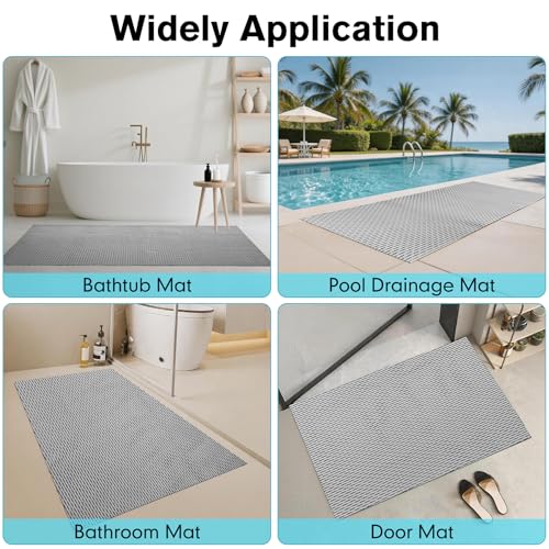 Extra Large Non-Slip Shower Mat, 58.26" x 31.49" Bathroom Shower Mat, Fast-Dry Drainage Hole PVC Bath Tub Mat, Anti Slip Bathroom Safety Accessory for Elderly/Kids, Gray