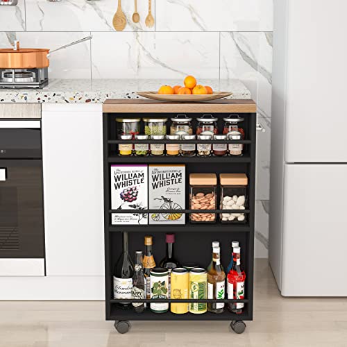 Tribesigns Slim Storage Cart, Rolling Narrow Kitchen Cart on Wheels for Small Place, 4-Tier Slide Out Slim Utility Cart Skinny Laundry Cart with Handle for Kitchen, Bathroom, Laundry - style: Rustic