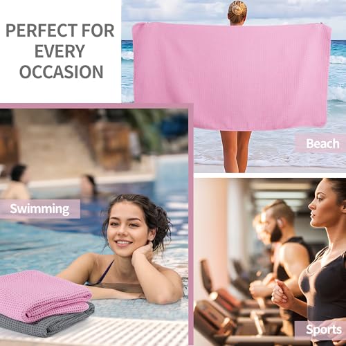 MICROFI New Microfiber Waffle Bath Towels, 2 Pieces, Oversized, Soft, Absorbent, Fast Drying, Lint Free 430 GSM (30''x60''/76cm x 152cm) - color: Gray+pink