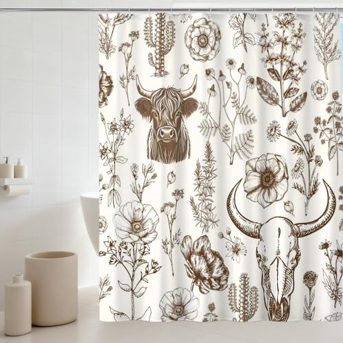 Wild West Bull Skull Shower Curtain Western Cactus Cow with Flowers Shower Curtains Brown Southwestern Bathroom Shower Curtain Set Bohemian Farmhouse Nature Bathroom Home Decor 72X72 inches - color: Brown Cream
