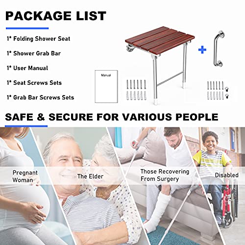 Folding Shower Seat Wall Mount, Foldable Wall Wood Shower Chair Bench for Seniors, Bathroom Safety Shower Stool for Small Shower