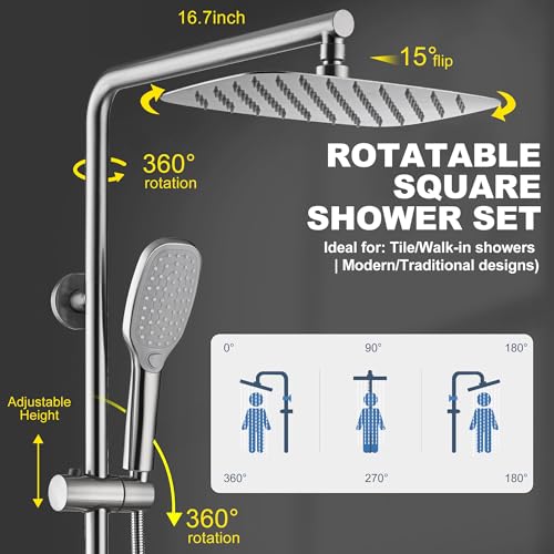 SonTiy 12-Inch Rain Shower Head with Handheld Spray and Shower Shelf, All Metal Shower System Kit with Hand Shower, Height Adjustable Holder and Brass Diverter, 1.8GPM, Brushed Nickel - color: Brushed Nickel, style: 1.8 Gallons Per Minute-Square