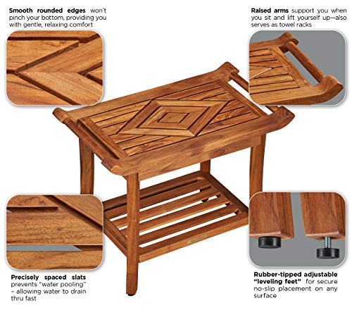 Teak Shower Bench Stool Seat, w/Leveling Feet, Waterproof, Teak Oil Finish | Xtra-Comfortable, 25” Wide 19” Tall 14” Deep, for Indoor/Outdoor Shower, Front Entrance, Spa, Sauna, Pool Deck, Patio, Garden