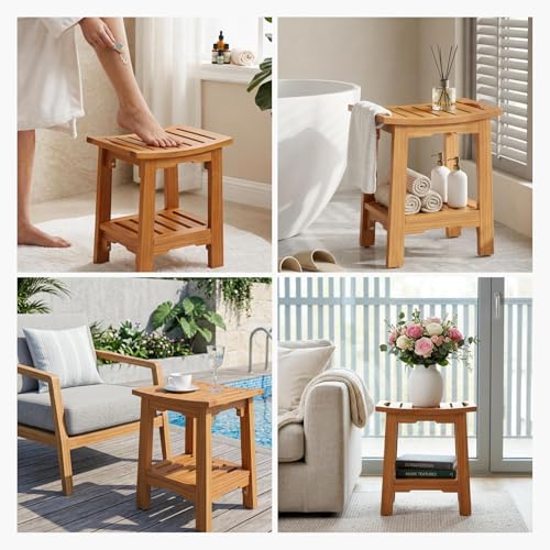 DUMOS 14" Woodern Shower Bench for Inside Shower, Waterproof Bathroom Bench | Shower Chair for Shaving Legs and Spa, Non-Slip Solid Wood Shower Stool with Handles for Senior Adult Disabled Elderly, Brown - size: 13.98"W