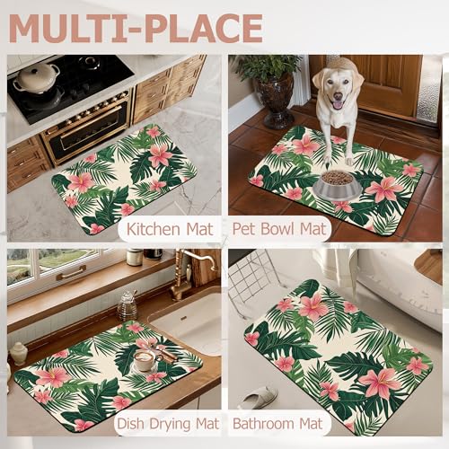 Tropical Leaves Bath Mat,Pink Flower Diatomaceous Earth Bath Mat,Rubber Backing Quick Dry Absorbent Washable Bathroom Rugs for Tub Non Slip 17"x29.5" - color: Tropical Leaves,pink Flower