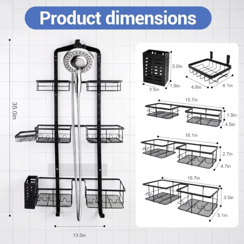 Extra Large Shower Caddy Hanging, Rust-Resistant Shower Organizer Hanging, 3 Tier Height-Adjustable Over the Head Caddy, Rack with Soap Basket (Black) - color: Black