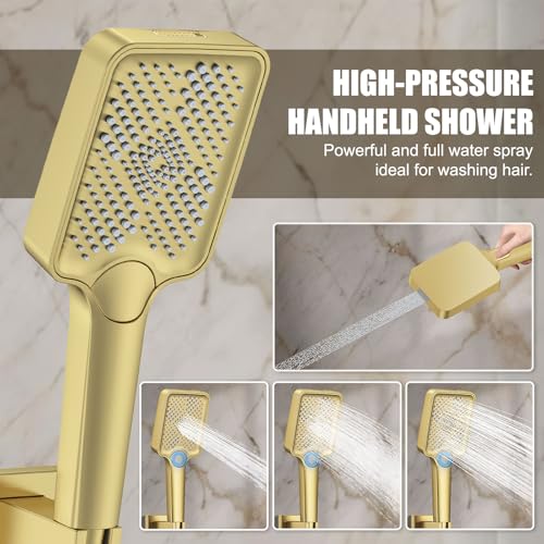 Shower System 12IN Modern Rain Brass Faucet Set With Valve and Diverter Shower Mixer With Handheld High Pressure Square Rainfall Shower Valve (12'' Ceiling Mount, Brushed Gold) - color: Brushed Gold, style: 12'' Ceiling Mount