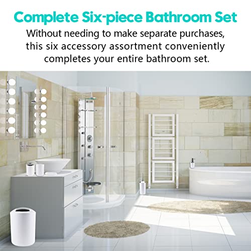 Compact 6-Piece White Plastic Bathroom Accessories Set with Small Trash Can, Soap Dispenser, Toothbrush Holder, Cup, Soap Dish, Toilet Brush for Guest Bathroom Dorm Apartment - color: White