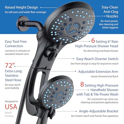 AquaCare 50-mode High Pressure Shower Head Combo with Arm & Dual Power Wash | Hygienic Jets, 2-mode Handheld Power Wash for Tub, Tile & Pets, Long 6 ft. Stainless Steel Hose, Extra Wall Bracket / Bronze - color: Oil Rubbed Bronze, style: 1.8 Gallons Per M