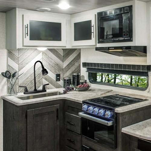 RV Kitchen Faucet,Camper RV Kitchen Sink Faucet Replacement,8 inch 2 Hole | RV Sink Faucet w/ 2 Handles Flexible Spout 360 Swivel Rotatable Tri-Function Sprayer for Motorhome,Trailer,Non-Metallic,Black - color: Black