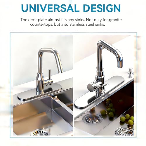 MAAYAYA 10" Kitchen Sink Deck Plate, Faucet Hole Cover, 8" Widespread, 1 or 3 Hole | MAAYAYA Nickel Runway Deck Plate Escutcheon, 304 SS, Foam Gasket; Secures with Faucet's Own Hardware, No Extra Nuts - color: Nickel-Runway