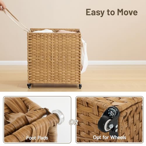 Laundry Hamper with Wheels, 39.6 Gallon(150L) Rolling Laundry Basket with Lid, Removable Large 2 Color Liners & 3 Mesh Laundry Bags, Clothes Hamper with Side Pocket, Natural - color: Natural, size: 23.62"L x 15.75"W x 25.6"H