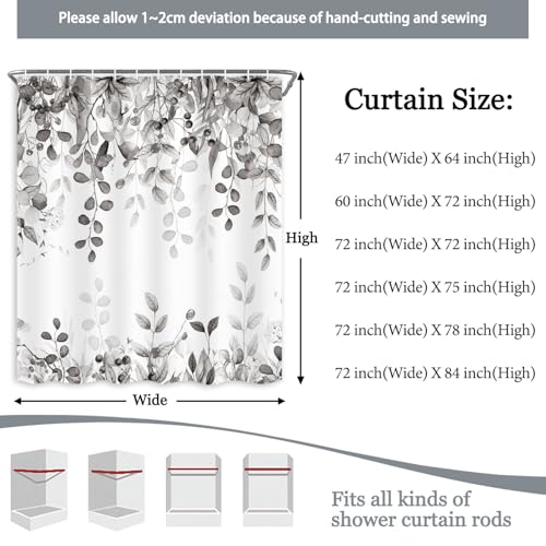 Extra Long Gray Eucalyptus Shower Curtain 72X84 Inch, Black and White Watercolor Plants Leaves Bathroom Curtains, Botanical Foliage Waterproof Fabric Cloth Shower Curtain Set with Hooks - color: Black, size: 72"W x 84"L (Pack of 1)