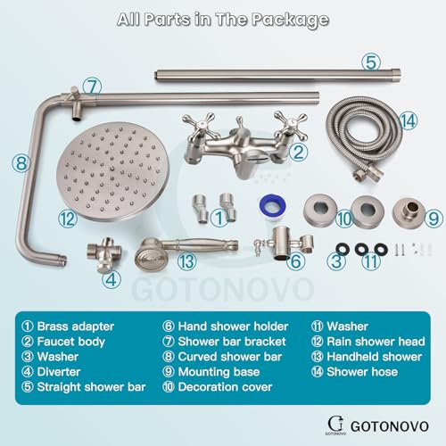 gotonovo Exposed Shower Tub Faucet Set 3 Function Wall Mount,Brushed Nickel | Shower System Fixtures with Tub Spout,8” Rain Head and Handheld,360°Rotation,Adjustable Height,for 5-6.7" Hole,Outdoor/Indoor - color: Nickel
