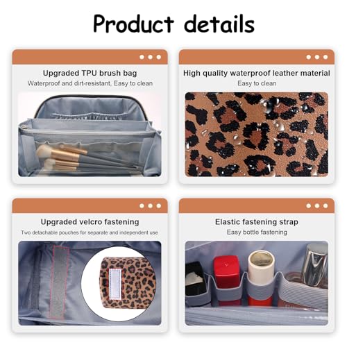 BOYATU Travel Makeup Bag for Women: 3 Pcs Set Portable Make up Bags with Handle - Leopard Print Cosmetic Bags with Comparments - Waterproof Vegan Leather Toiletry Bag (A-1-Brown) - color: 02-A-Brown