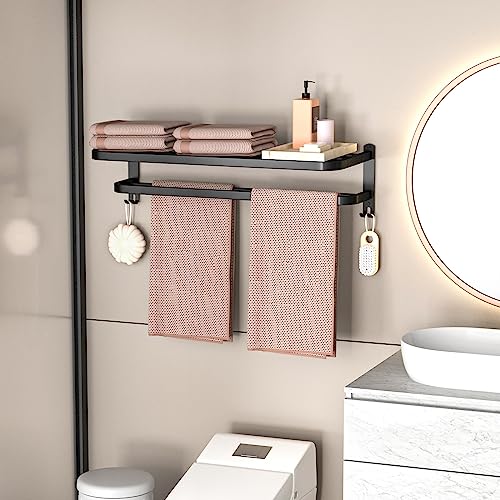 23 Inch Bathroom Towel Rack Towel Shelf with Double Towel Bars Lavatory Wall Mount Holder with Hooks Stainless Steel Hotel Bath Rack (Matte Black) - color: Black