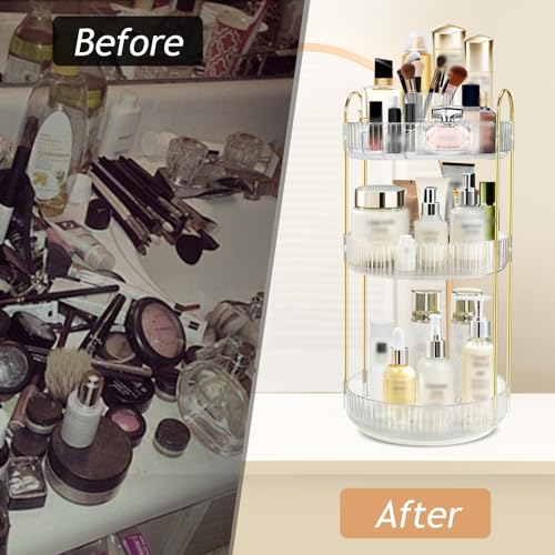 Rotating Makeup Organizer for Vanity, 9" D x 19" H, 3-Tier (White) | 360° Spinning, High-Capacity, Clear Trays, Gold Frame, for Vanity Countertop, Bathroom, Skincare, Perfume - color: New-white