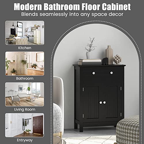 COSTWAY Bathroom Floor Cabinet, Wooden Side Storage Organizer w/Larger Drawer, Adjustable Shelf & 2-Door Cupboard, Freestanding Storage Cabinet for Living Room, Kitchen, Entryway (Black) | Larger Drawer, Adjustable Shelf & 2-Door Cupboard, Freestanding St