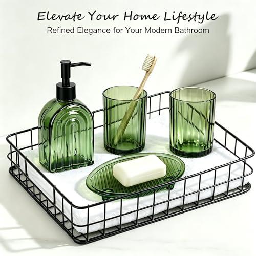 YYTSGG Green Glass Accessories Set, 4PCS Bathroom Set | Modern Countertop Vanity Organizer Set include 13.5oz Lotion Soap Dispenser, Toothbrush Holder, Tumbler & Soap Dish - color: Green