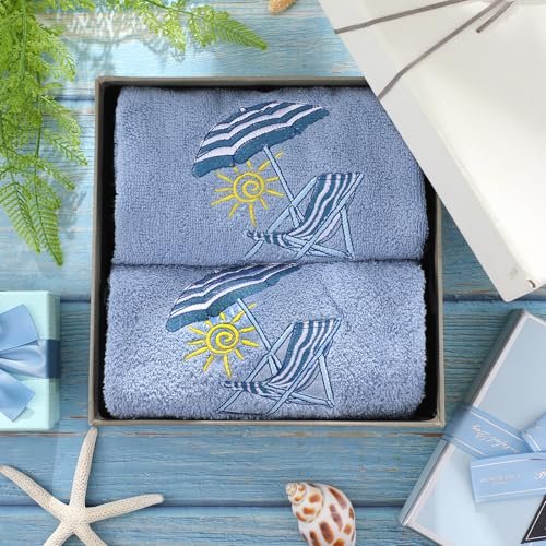 SmoothNovelty 2 Pcs Hand Towels Bathroom Decor 14x29 Inch Embroidered 100% Cotton Soft Absorbent Spring Summer Decorative Hand Towels for Bathroom Kitchen(Beach Chair,Slate Blue) - style: Classic Beach Chair