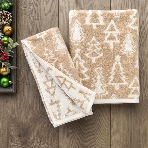 SKL Home Christmas/Winter Mod Tree Hand Towel Set-2pc, 100% Cotton, Tan | 500 GSM. Soft & absorbent. Reversible jacquard pattern. Great for the bathroom, kitchen or bar & holiday gift. - color: Mod Tree (Tan), style: Hand Towel Set