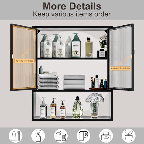 Metal Medicine Cabinet with Glass Doors, Space Saver Bathroom Cabinets Wall Mount with 2 Sense Lights, 23.6"W x 27.6"H Restroom Closet, 3-Tier Wall Cabinet for Bathroom Laundry Room Kitchen - color: Black, style: Classic