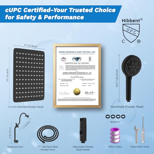 Hibbent High Pressue All Metal 10" Rainfall Shower Head, Handheld 10-Spray | cUPC Certified Oil-Rubbed Bronze Dual Showerhead Combo, 4-way Diverter with Pause Mode, Extension Arm, 71'' Hose & Holder - color: Oil Rubbed Bronze, style: Square 10"