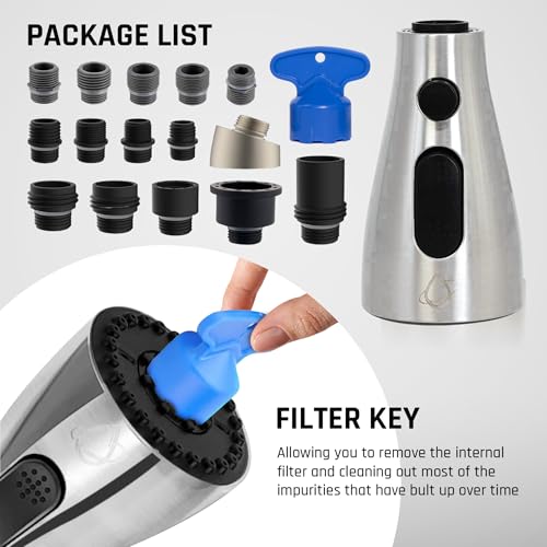 EcoKitchen5Stars Pull-Down Kitchen Faucet Head Replacement, 3-Function Sprayer, G1/2 Thread (13/16 in OD) with 15 Adapters, for Standard Threaded Hoses, Not for Magnetic Dock Faucets, Chrome - color: Chrome