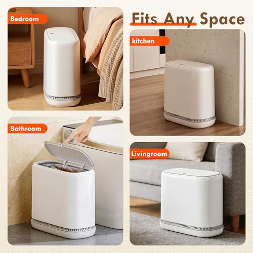 Air-Pressure Liner Fit Trash Can with Lid, Press-Top Slim Garbage Bin, Hidden Bag Design, Pet-Resistant Small Narrow Wastebasket for Kitchen, Bedroom, Bathroom, Office & Dorm - size: Medium | 2.3 Gal | 75 Trash Bags
