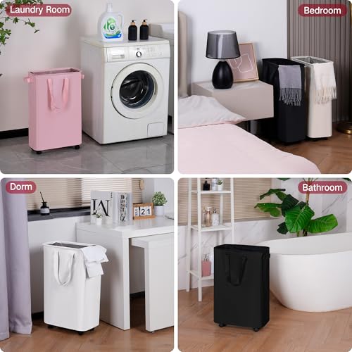 efluky Slim Laundry Basket with Wheels, Rolling Laundry Hamper on Wheels for Clothes, Small Laundry Bin for Bedroom, Dorm and Laundry Room, 60L White