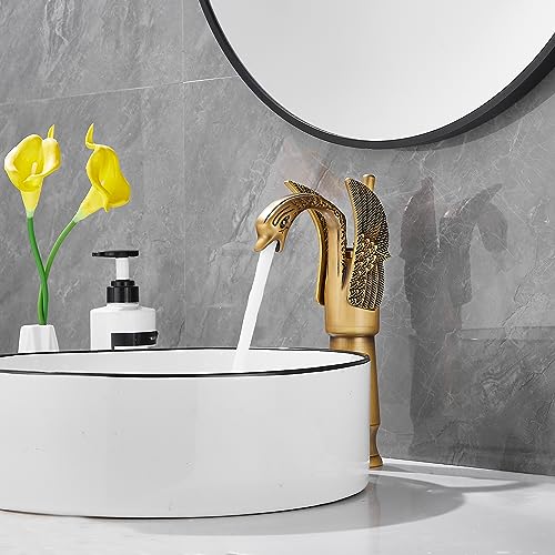 Antique Brass Swan Shape Single Handle One Hole Bathroom Vessel Sink Faucet Deck Mount Lavatory Sink Faucet - color: Antique Brass, size: Tall