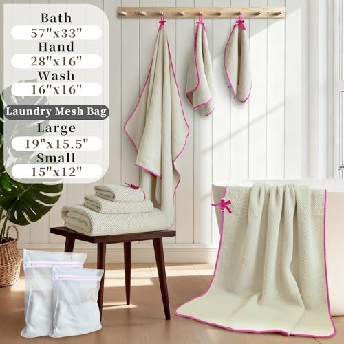 VOOVA & MOVAS Waffle Wash Cloths 6 Pack, 100% Cotton, 16x16 in, Beige | Suitable for Daily Facial Care, Built-in Hanging Loop, Pink Piping, Waffle Weave Construction - color: Pink Piping, size: 6PC Washcloth (16"x16")