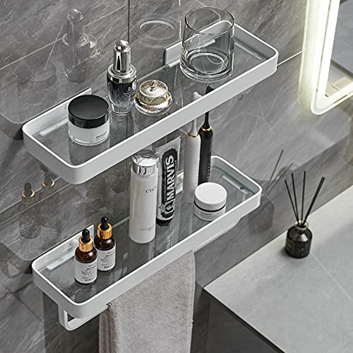 Bathroom Shelves Wall Mounted 2 Tier Glass Floating Shelf - Tempered Glass Wall Organizer (White) - color: White(rectangular)