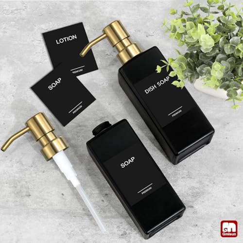 GMISUN Gold Soap Dispenser, Black Soap Dispenser Bathroom with Stainless Steel Pump, Hand and Dish Soap Dispensers Set for Kitchen, 12 fl oz/350ml Glass Liquid Refillable Lotion Dispenser Bottle - color: Black Bottle + Gold Pump