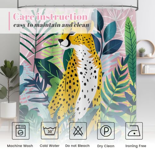 Tropical Leopard Extra Long Shower Curtain, Tall 72x84 in | Tall 84 inch XL, Floor to Ceiling, Pink and Green Natural Leaves Pattern, Waterproof Polyester Fabric, with Metal Hooks - color: Cheetah, size: 70"W x 84"L (Pack of 1)