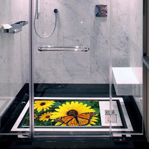 Shower Mat Non-Slip Bathtub Mats with Suction Cups and Drain Holes, Butterfly Sunflowers Design, Easy to Clean for Bathroom, 26.8x15.1In - color: Multi 7