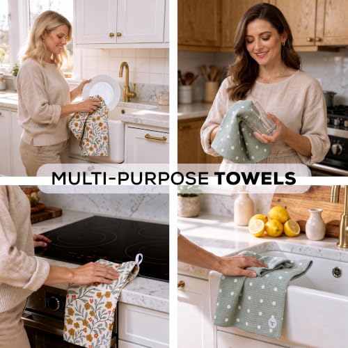 Kitchen Towels, Dish Towels for Kitchen, 2 Pc Kitchen Towel Set | Microfiber Waffle Towels, 16 x 26 inches, with Hanging Loops, Reusable Tea Towels, Cute Kitchen Towels - 2 Pack - color: Green Floral and Dots