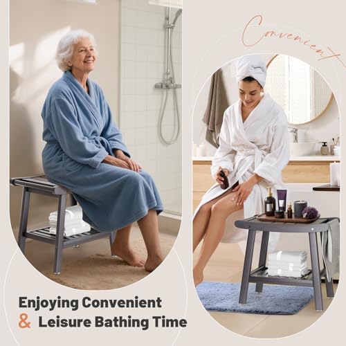 Bamboo Shower Stool Bench,Shower Chair for Inside Shower with Storage Shelf | Grey,Large Storage,Ergonomic Curved Design,A-Shaped Stable Construction,Non-Slip Rubber Feet,Hold 300lbs - color: Grey