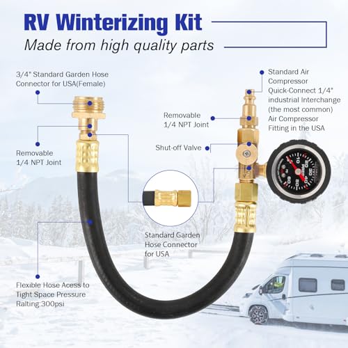 RV Winterizer Kit with Pressure Guage, 16.9" RV Water Blowout, Sprinkler Winterizing Blowout Kit with Shut Off Valve, Water Blow Out Fitting Adapter for Winterizing RV, Boat, Camper (Pressure Gauge) - style: Pressure Gauge