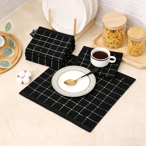 QUILTINA Kitchen Towels 6 Pack, 12 x 12 Inches, 100% Cotton Checkered Designed Terry Dish Cloths, Ultra Soft and Absorbent, Black - color: Black, size: 12 x 12 - 6 Pack-Checkered