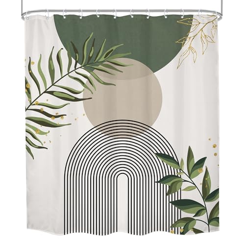 Sage Green Boho Abstract Gold Leav Leaves Bathroom Shower Curtain Set | 72"W x 78"L. waterproof HD print, quick-dry fabric and free hooks for easy setup. - color: A-01green, size: 72"W x 78"L (Pack of 1)